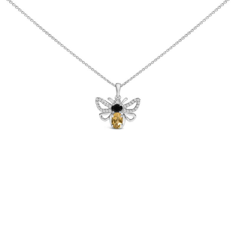 Sterling Silver Citrine, Black Spinel and Lab-Created White Sapphire Bee Pendant Necklace