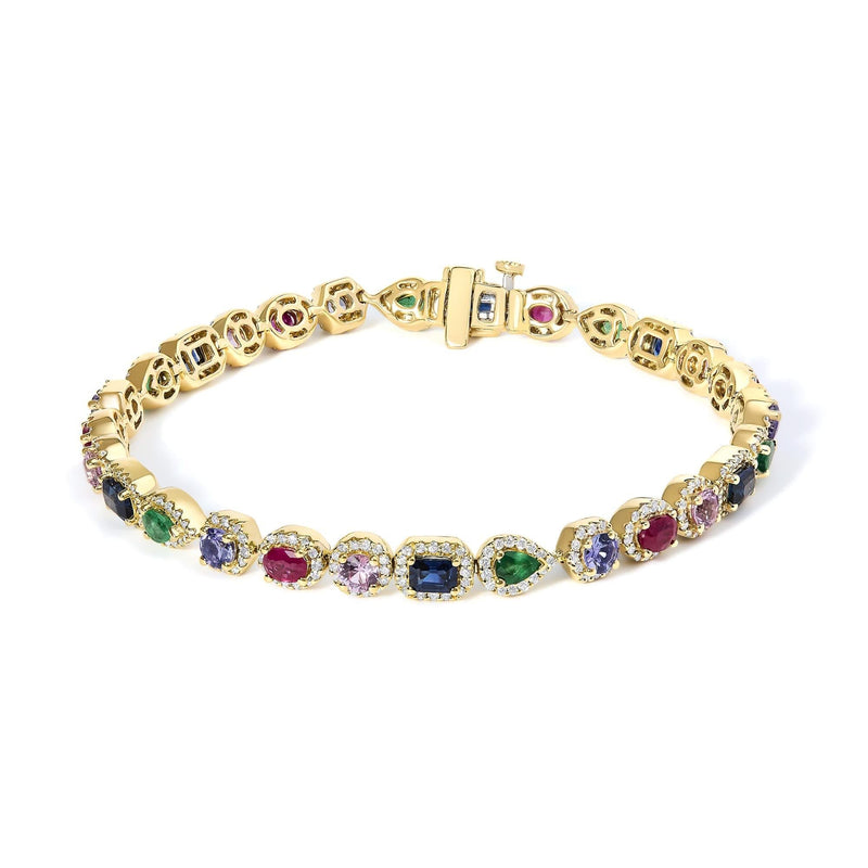 14K Yellow Gold Multi-Gemstone and Diamond Halo Rainbow Tennis Bracelet 14K yellow gold bracelet with multi-color round gemstone stones in diamond halos