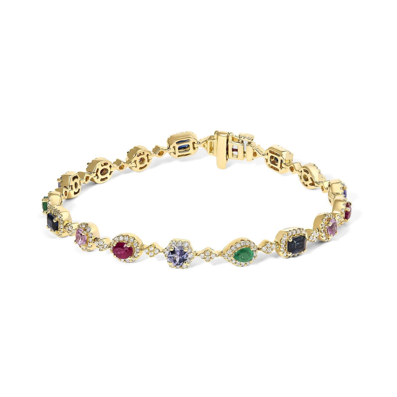 14K Yellow Gold Multi-Gemstone and Diamond Halo Rainbow Link Bracelet 14K yellow gold bracelet with round multi-gemstone stones in diamond halos