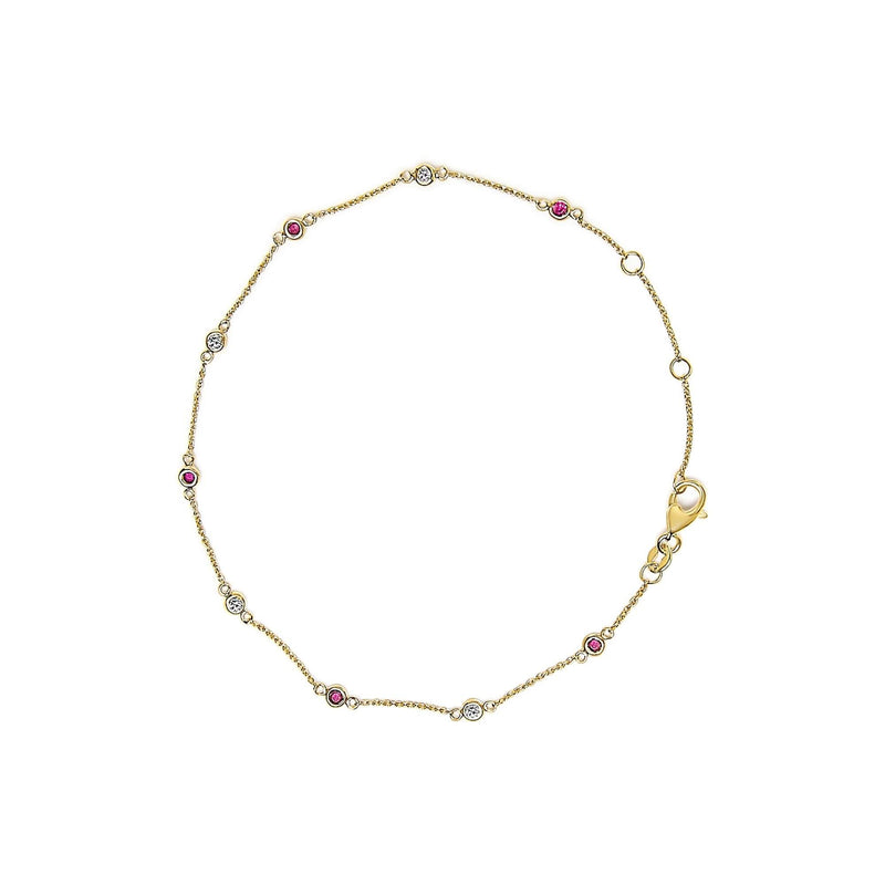 14K Yellow Gold Alternating Red Ruby and White Diamond Bezel Station Chain Bracelet (I-J Color, SI2-I1 Clarity) - 8 14K yellow gold bracelet with alternating bezel-set ruby and diamond stations