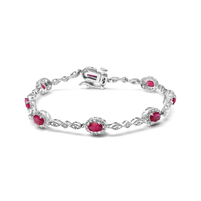 10K White Gold 4.5mm x 3mm Oval Ruby and Diamond Link Bracelet (H-I Color, SI1-SI2 Clarity) - Size 7 10K white gold bracelet with oval ruby and round diamond link stones
