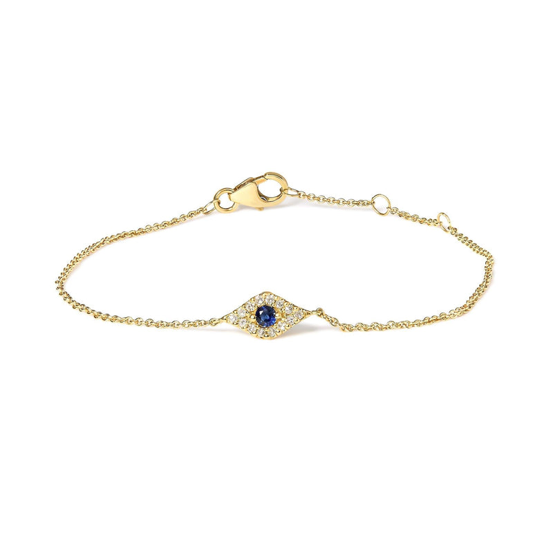 10K Yellow Gold Blue Sapphire and Diamond Accent Evil Eye Station Link Bracelet (H-I Color, I1-I2 Clarity) - Size 7 10K yellow gold evil eye bracelet with blue sapphire and diamond accent stones