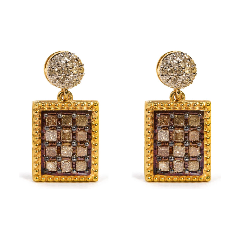 10K Yellow Gold 1.00 Cttw Champagne Diamond Checkerboard Drop Earrings