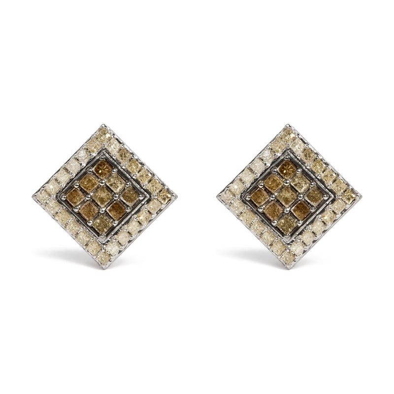 10K White Gold 2-1/4 Cttw Champagne Diamond Square Motif Stud Earrings