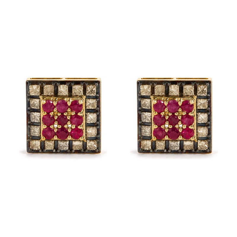 10K Yellow Gold Red Ruby and 1 1/4 Cttw Champagne Diamond Square Motif Stud Earrings