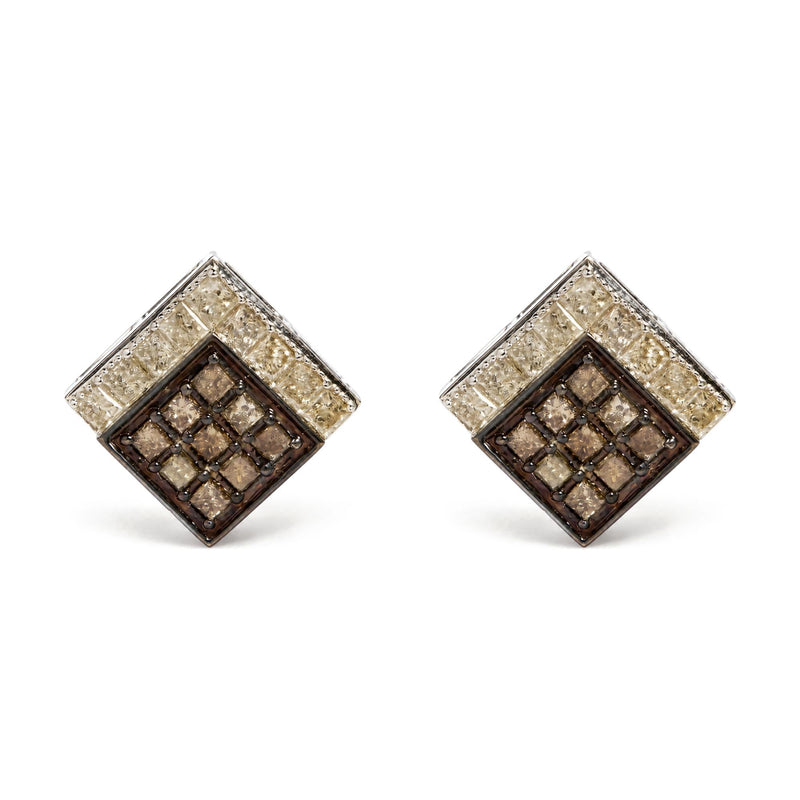 10K White Gold 1 1/3 Cttw Champagne Diamond Square Motif Stud Earrings