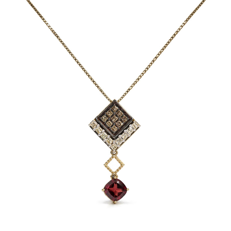 10K Yellow Gold Lab-Created Red Cushion Garnet and 5/8 Cttw Diamond Drop Pendant Necklace