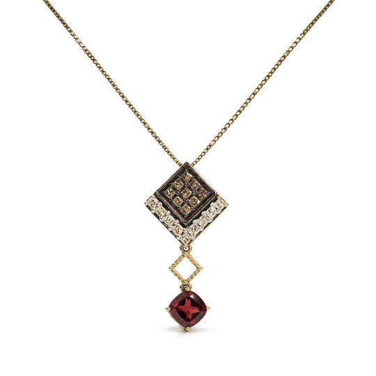 10K Yellow Gold Lab-Created Red Cushion Garnet and 5/8 Cttw Diamond Drop Pendant Necklace