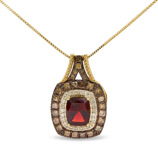 10K Yellow Gold Lab-Created Red Garnet and 1 7/8 Cttw Diamond Double Halo Pendant Necklace