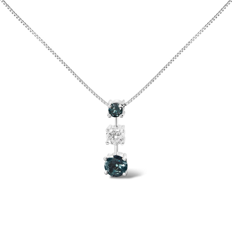 14K White Gold 1 1/2 Cttw Treated Blue and White Diamond 3-Stone 18 14K white gold necklace with 3 blue and white diamond stones