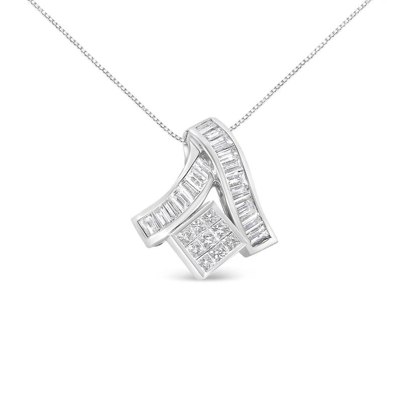 14K White Gold 1 7/8 cttw Princess and Baguette Cut Mixed Geometry Diamond Pendant Necklace (G-H, SI1-SI2) 14K white gold necklace with princess and baguette diamond stones