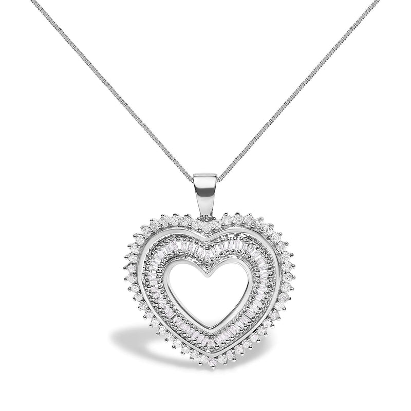 .925 Sterling Silver 1.0 Ctw Diamond Shadow Open Heart Halo 18 925 sterling silver necklace with heart diamond stones in a halo setting