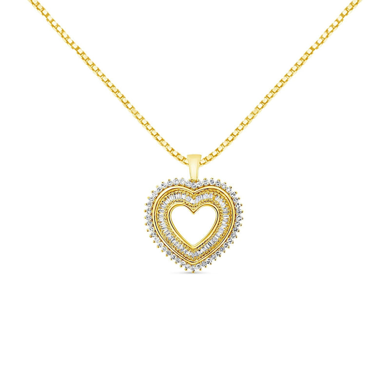14K Yellow Gold Plated .925 Sterling Silver 1.0 Cttw Round and Baguette-Cut Diamond Composite Hearth 18 14K yellow gold necklace with round and baguette diamond composite heart pendant