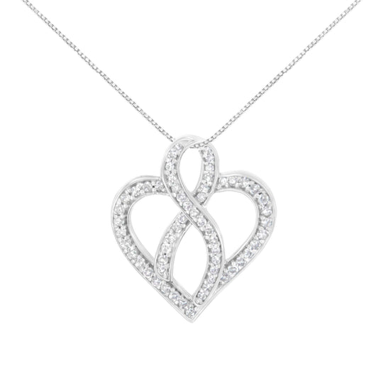 14K white gold heart and ribbon pendant necklace with round diamond stones