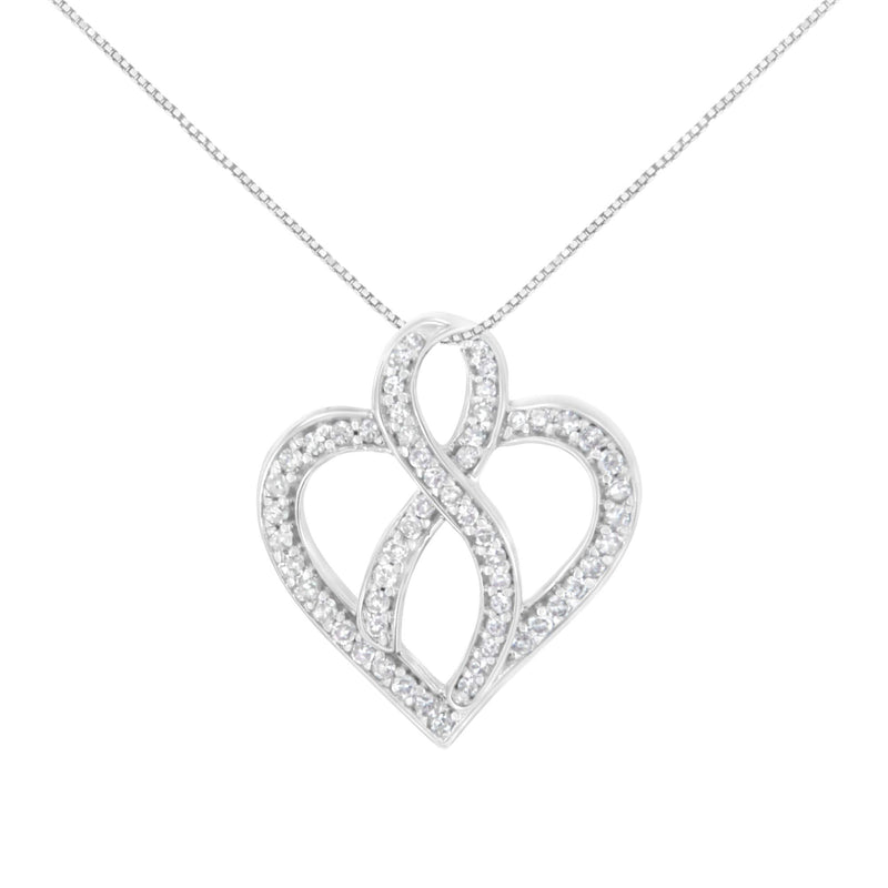 14K White Gold 1/4 cttw Round Cut Diamond Heart and Ribbon Center Pendant Necklace (H-I, I1-I2) 14K white gold heart and ribbon pendant necklace with round diamond stones