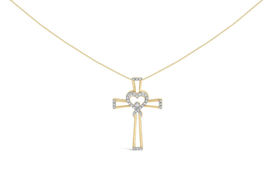 14K yellow gold necklace with heart diamond stones on cross and ribbon pendant