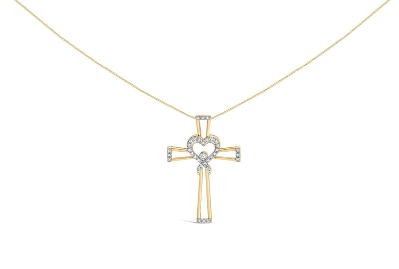 14K Yellow Gold Plated .925 Sterling Silver 1/6 Cttw Diamond Interlocking Heart and Ribbon Cross Pendant Necklace (H-I Color, I2-I3 Clarity) - 18 14K yellow gold necklace with heart diamond stones on cross and ribbon pendant