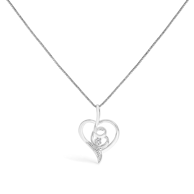 Espira 10K White Gold .03 Cttw Diamond-Accented Round-Cut Diamond Swirl Open Heart 18 10K white gold heart pendant necklace with round diamond accent stones