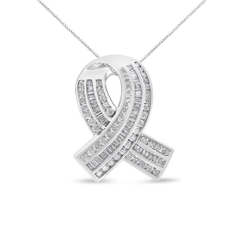 14K White Gold 2 5/8 Cttw Channel Set Round and Baguette Diamond Awareness Ribbon Pendant (H-I Color, I1-I2 Clarity) - Chain Not Included 14K white gold ribbon pendant with round and baguette diamond stones