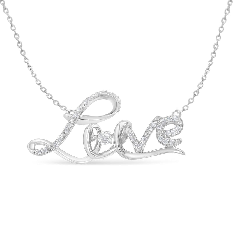 .925 Sterling Silver 1/4 Cttw Diamond Cursive 925 sterling silver Love script necklace with round diamond stones
