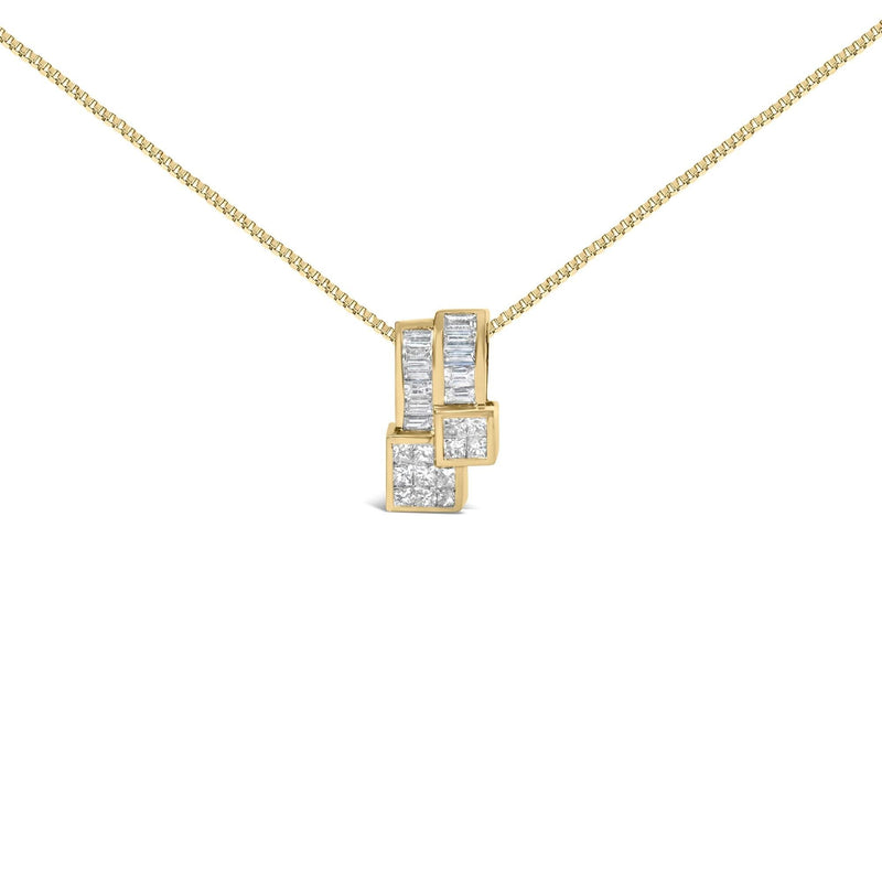 14K Yellow Gold 1 1/2 cttw Princess and Baguette Cut Diamond Geometric Pendant Necklace (H-I Color, VS1-VS2 Clarity) 14K yellow gold necklace with princess and baguette cut diamond stones
