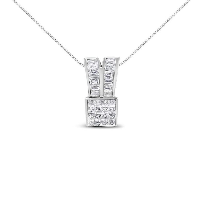 14K White Gold 1 5/8 cttw Princess and Baguette Cut Diamond Heart Ribbon Pendant Necklace (G-H, VS1-VS2) 14K white gold heart ribbon necklace with princess and baguette diamond stones