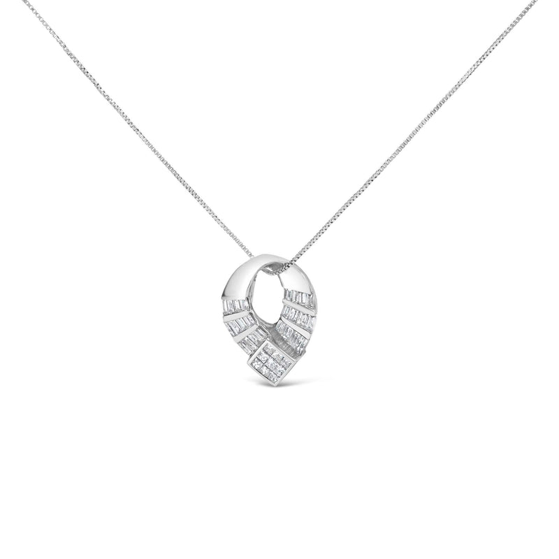 14k White Gold 1 5/8 Cttw Invisible Set Princess and Channel Set Baguette Diamond Curved Oval Shape Pendant Necklace (G-H Color, VS2-SI1 Clarity) 14K white gold necklace with princess and baguette oval diamond pendant