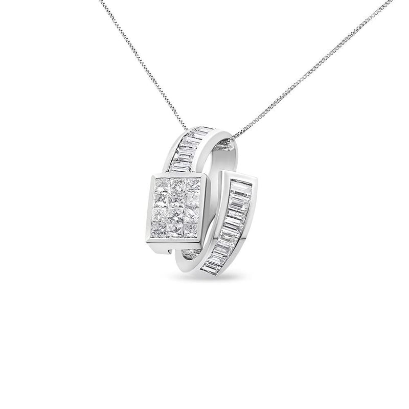 14K White Gold 2 cttw Princess and Baguette Cut Diamond Double Loop Pendant Necklace (G-H, VS1-VS2) 14K white gold necklace with princess and baguette diamond double loop pendant