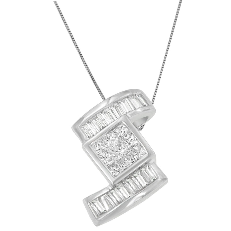 14K White Gold 1 2/5 cttw Princess and Baguette Cut Diamond Zig Zag Pendant Necklace (H-I, SI1-SI2) 14K white gold necklace with princess and baguette diamond zig zag pendant