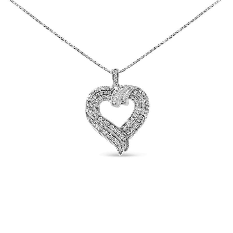 .925 Sterling Silver 1.00 Cttw Baguette Diamond Composite Open Heart 18 925 sterling silver heart necklace with baguette diamond stones