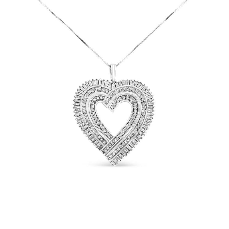 .925 Sterling Silver 1 1/4 Cttw Round and Baguette-Cut Diamond Composite Heart 18 925 sterling silver heart pendant with round and baguette diamond stones