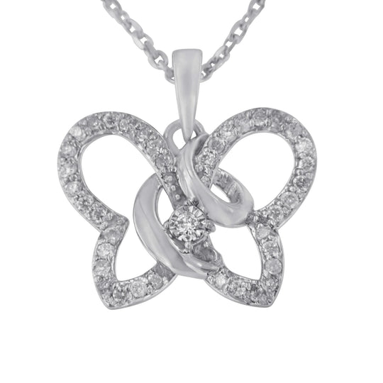 925 sterling silver butterfly pendant necklace with prong-set round diamond stones