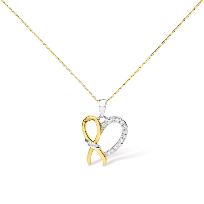 10K Yellow Gold Plated .925 Sterling Silver 1/5 Cttw Diamond Ribbon Heart Pendant Necklace (H-I Color, I2-I3 Clarity) - 18 10K Yellow Gold Plated .925 Sterling Silver 1/5 Cttw Diamond Ribbon Heart Pendant Necklace (H-I Color, I2-I3 Clarity) - 18