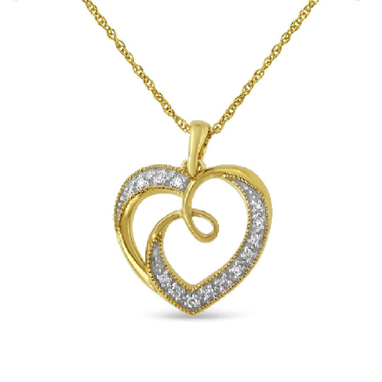 14K Yellow Gold Plated .925 Sterling Silver Diamond Accent Ribbon & Heart 18" Pendant Necklace (H-I Color, I2-I3 Clarity)-0