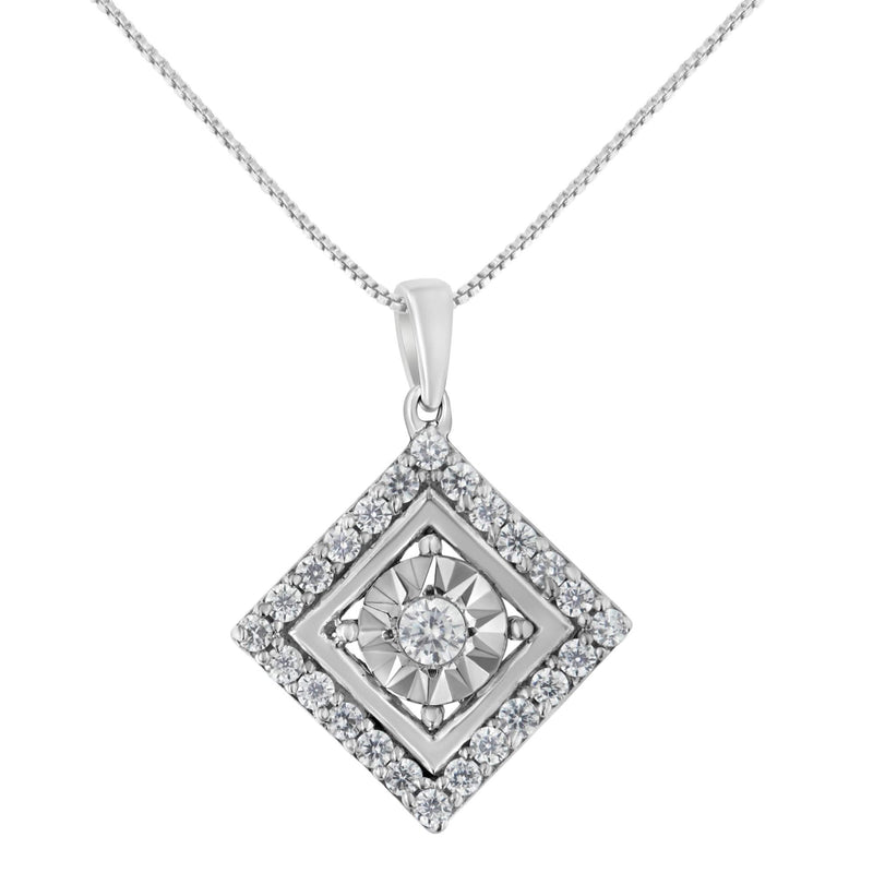 10KT White Gold 1/2 cttw Diamond Square Pendant Necklace (I-J Color, I2-I3 Clarity) 10K white gold square pendant necklace with cluster of round diamond stones