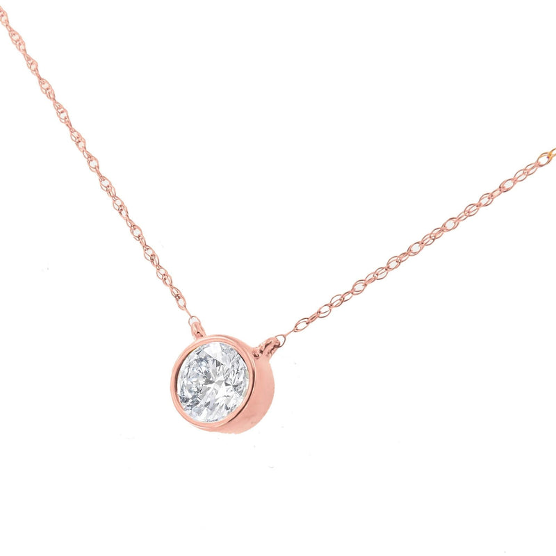 AGS Certified 10K Rose Gold 1/5 Cttw Bezel Set Round Diamond Solitaire 16-18 10K rose gold necklace with 1 round diamond stone in a bezel setting