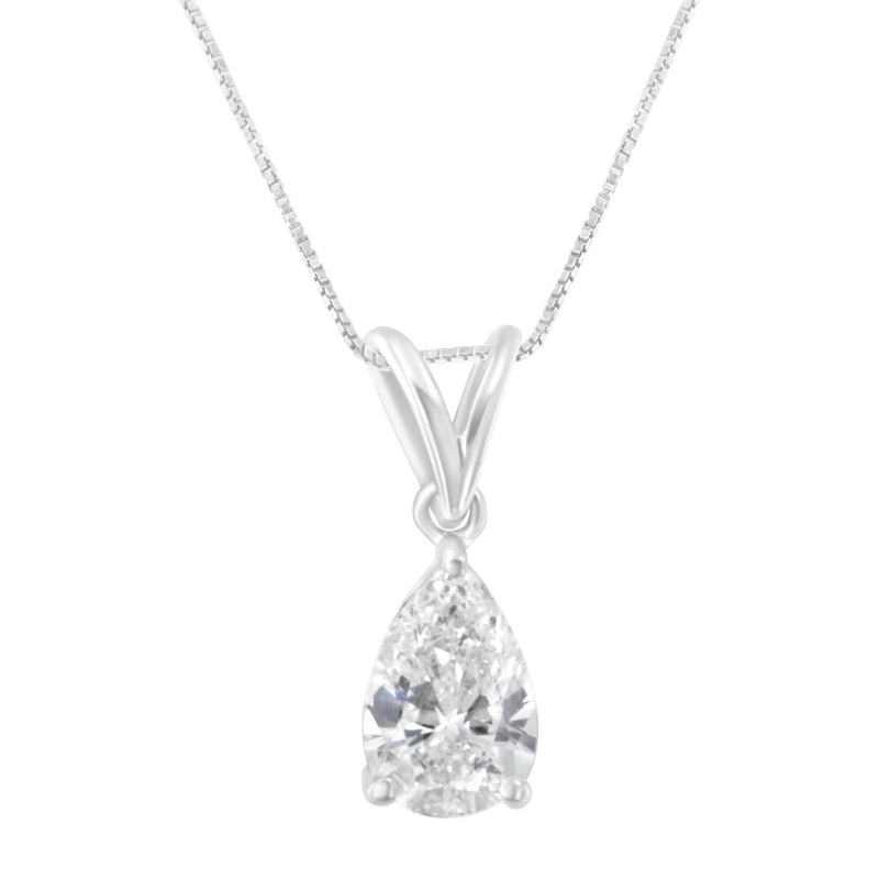 IGI certified 10K White Gold 1/2 cttw Diamond Pear Pendant Necklace (I-J, I1) 10K white gold necklace with one pear diamond stone on a drop bail
