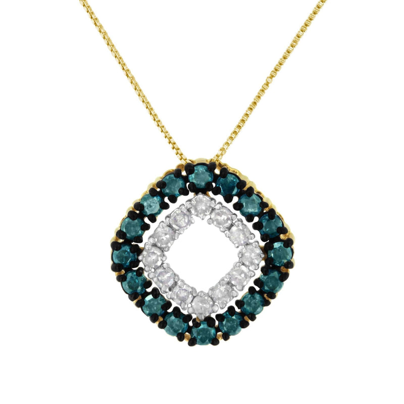 14K Yellow Gold Plated .925 Sterling Silver 1/2 Cttw Color Treated Diamond Square Pendant Necklace (Blue, Yellow, I2-I3 Clarity) 14K yellow gold necklace with blue and yellow square color-treated diamond stones