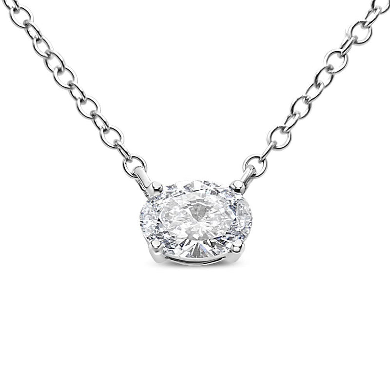 14K White Gold 1/2 Cttw Lab Grown Oval Shape Solitaire Diamond East West 18 14K white gold necklace with one oval diamond east-west solitaire pendant