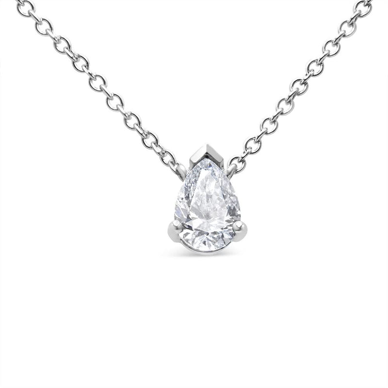 AGS Certified 14K White Gold 1/2 Cttw Diamond Pear 18 14K white gold necklace with one pear diamond stone on an 18-inch chain