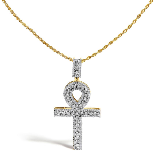 Men's 10K Yellow Gold 1.00 Cttw Diamond Ankh Cross Pendant Necklace-0
