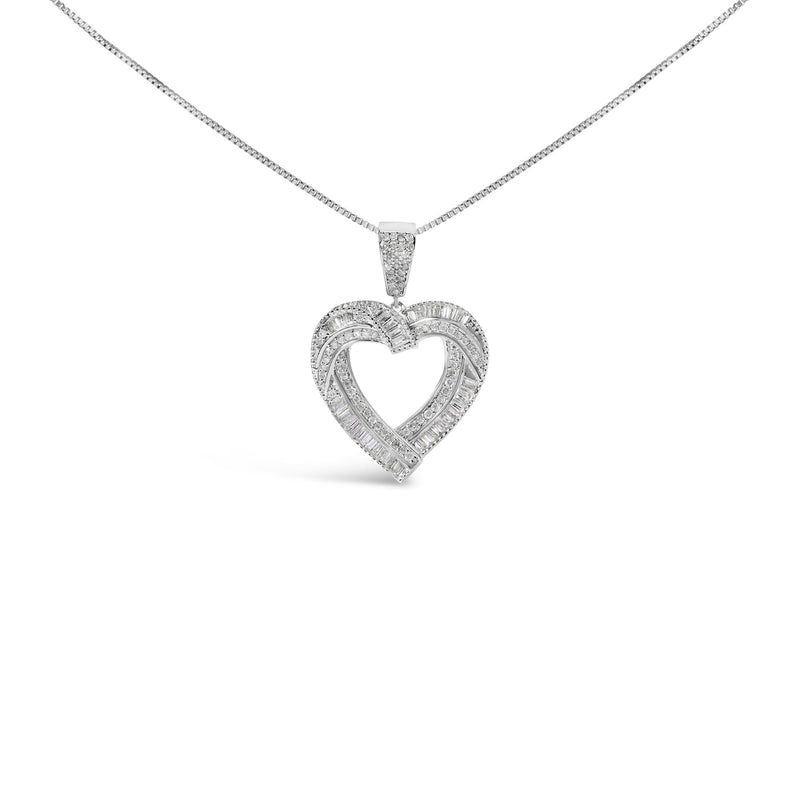 .925 Sterling Silver 1.00 Cttw Baguette and Round Diamond Open Heart Pendant Necklace .925 Sterling Silver 1.00 Cttw Baguette and Round Diamond Open Heart Pendant Necklace-0