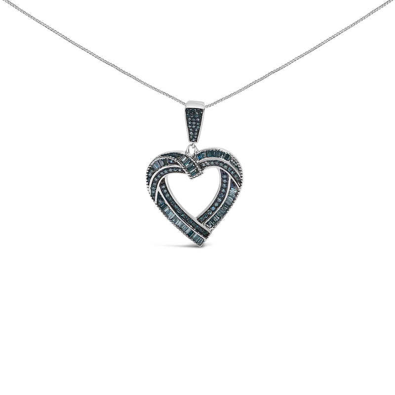 .925 Sterling Silver 1.00 Cttw Baguette and Round Blue Diamond Open Heart Pendant Necklace 925 sterling silver open heart necklace with round and baguette blue diamonds