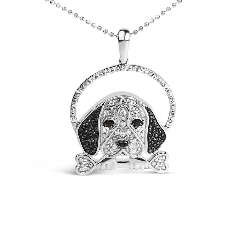 .925 Sterling Silver 1/4 Cttw White and Black Diamond Beagle Dog and Bone Pendant Necklace (I-J Color, I2-I3 Clarity) - 18 925 sterling silver beagle dog and bone pendant with white and black diamonds
