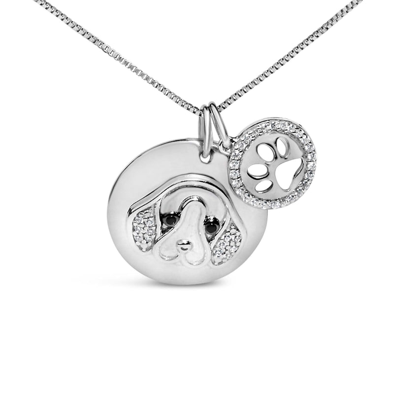 .925 Sterling Silver 1/5 Cttw White and Black Diamond Beagle Dog Medallion and Charm 18 925 sterling silver beagle medallion necklace with white and black diamond stones