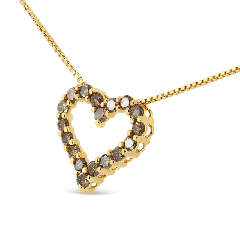 14K Yellow Gold Plated .925 Sterling Silver 1.0 Cttw Champagne Diamond Heart Pendant Necklace (K-L Color, I1-I2 Clarity) - 18 14K yellow gold necklace with heart champagne diamond stones on 18-inch chain