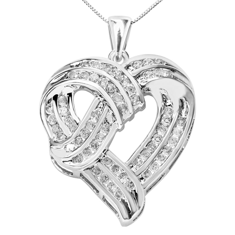 .925 Sterling Silver 1 1/4 Cttw Round Diamond Openwork Ribbon Weave Heart Pendant 18 925 sterling silver heart pendant necklace with round diamond openwork ribbon weave