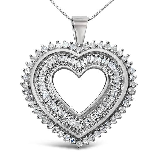 .925 Sterling Silver 1.0 Cttw Baguette and Round Diamond Heart Pendant 18" Necklace (H-I Color, I3 Clarity)-0