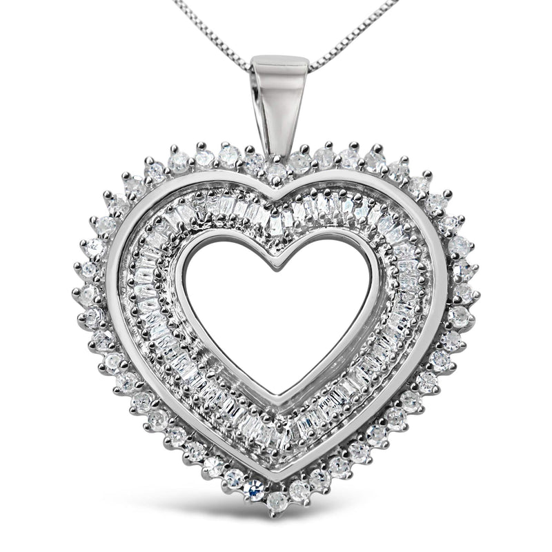 .925 Sterling Silver 1.0 Cttw Baguette and Round Diamond Heart Pendant 18 925 sterling silver heart necklace with baguette and round diamond stones