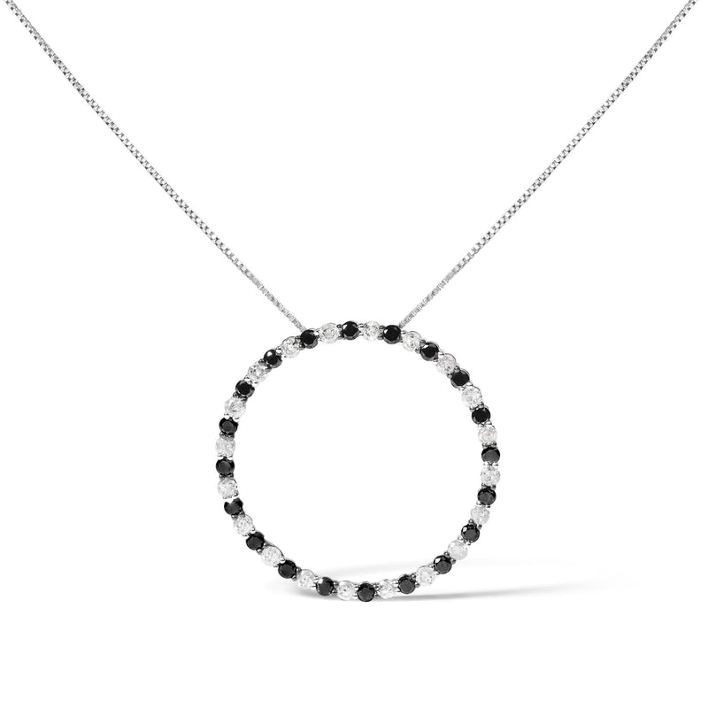 .925 Sterling Silver 2.0 Cttw Alternating Black and White Diamond Open Hoop Circle Pendant Necklace (H-I Color, I2-I3 Clarity) - 18 925 sterling silver necklace with alternating black and white diamond open circle